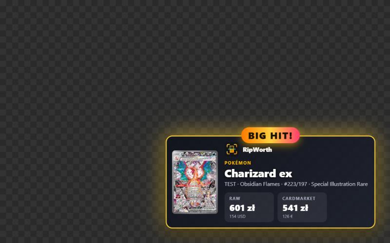 Nakładka na stream: karta Charizard ex z ceną raw 381 zł i ceną Cardmarket 344 zł