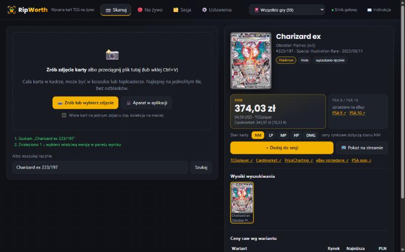 Wynik dla karty Charizard ex 223/197: cena raw 380,70 zł, cena Cardmarket, linki do sprzedaży PSA 9 i PSA 10, przyciski Dodaj do sesji i Pokaż na streamie